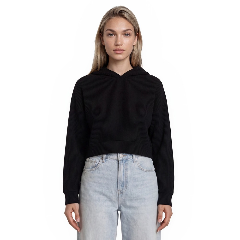 Alo Yoga Ribbed Knit Hoodie Women's Size Medium Black Cropped Pullover Top